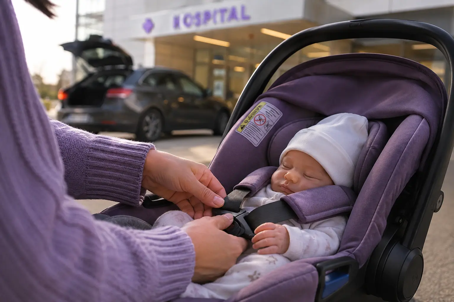Newborn secured in fitted capsule for hospital baby seat taxi Sydney pickup
