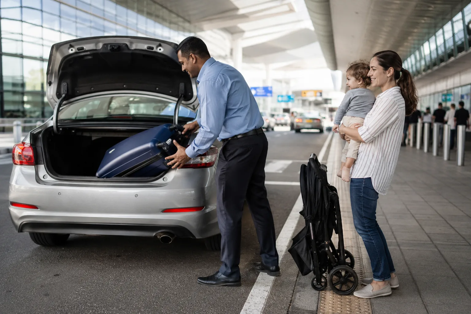 Sydney airport taxi driver helping family with luggage and child car seat transfer