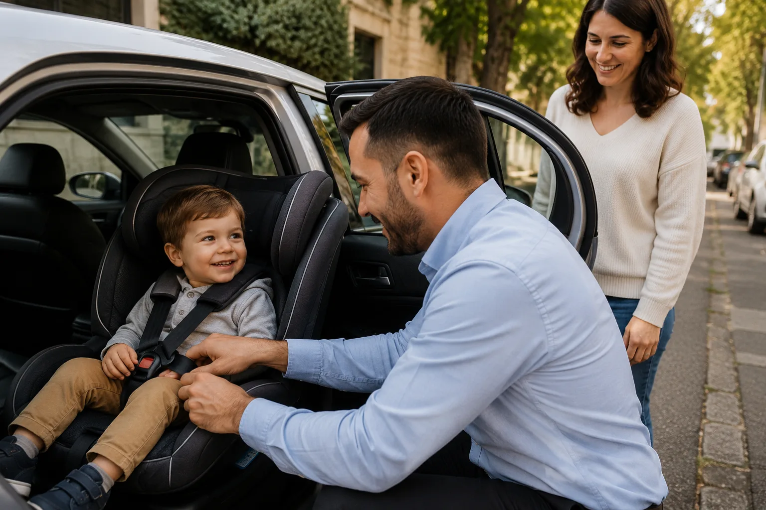 Trained Sydney taxi driver securely fitting a toddler into a certified car seat