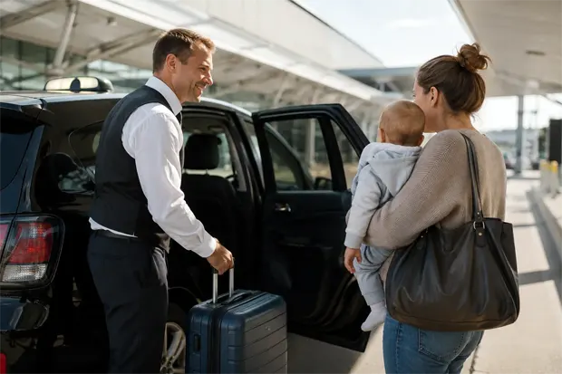 Sydney baby taxi airport transfer with parent and child boarding safely