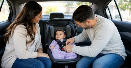 Mom and dad securing baby in car seat during Sydney Baby Taxi Service ride