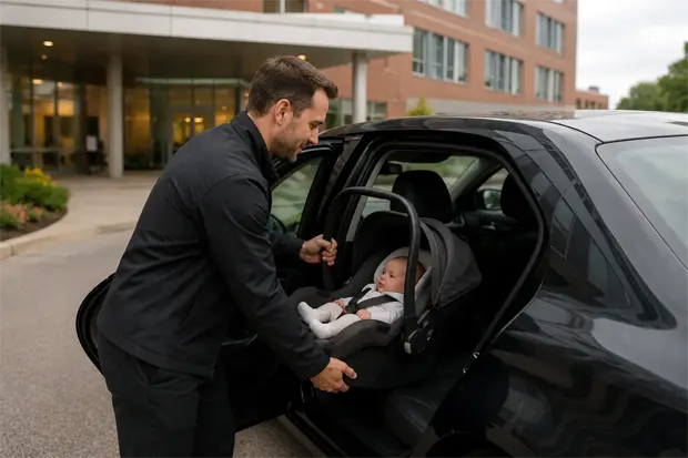 Sydney baby taxi hospital transfer with infant safely secured in car seat