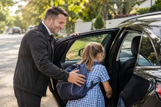 Sydney school taxi transfer with child safely boarding with professional driver