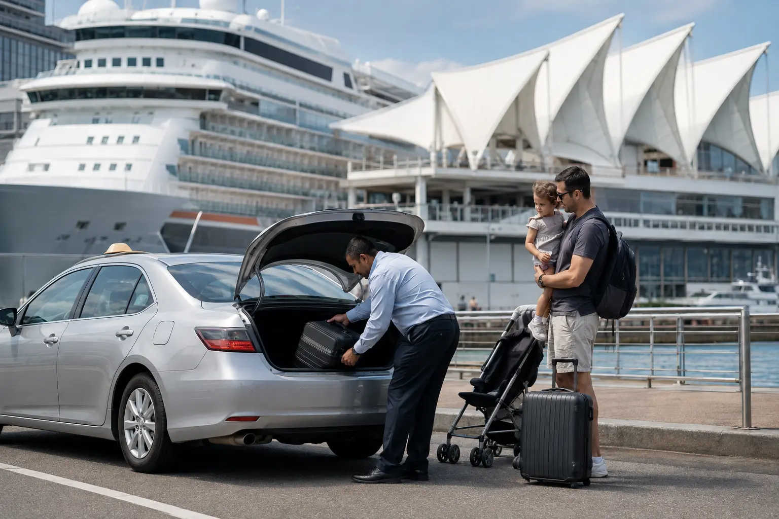 Taxi transfer dropping off family with child car seat at Sydney cruise terminal