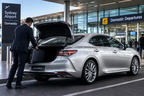 Sydney Domestic Airport transfer with luxury sedan and driver loading luggage at terminal