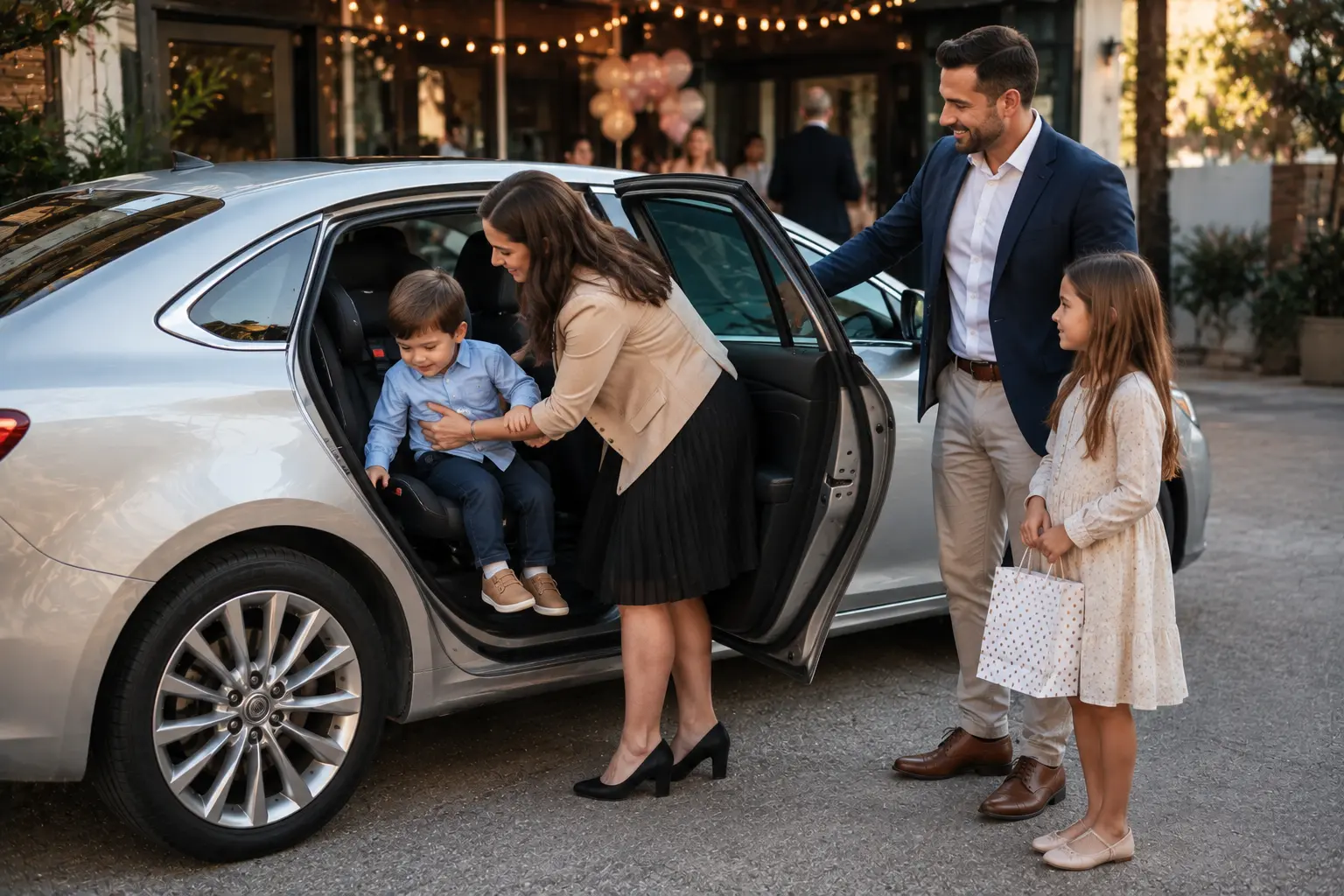Family arriving at event in Sydney taxi with child car seat transfer