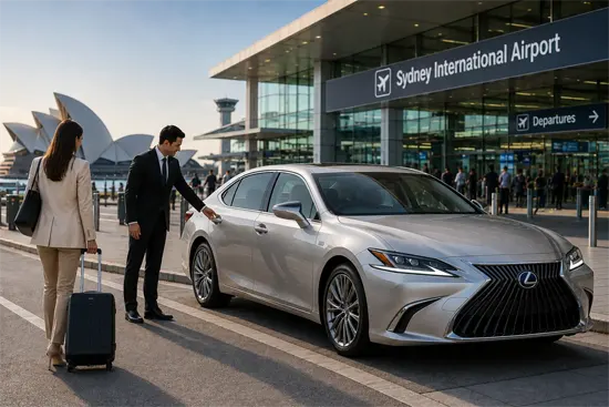Sydney International Airport transfer with luxury sedan and passengers at international terminal