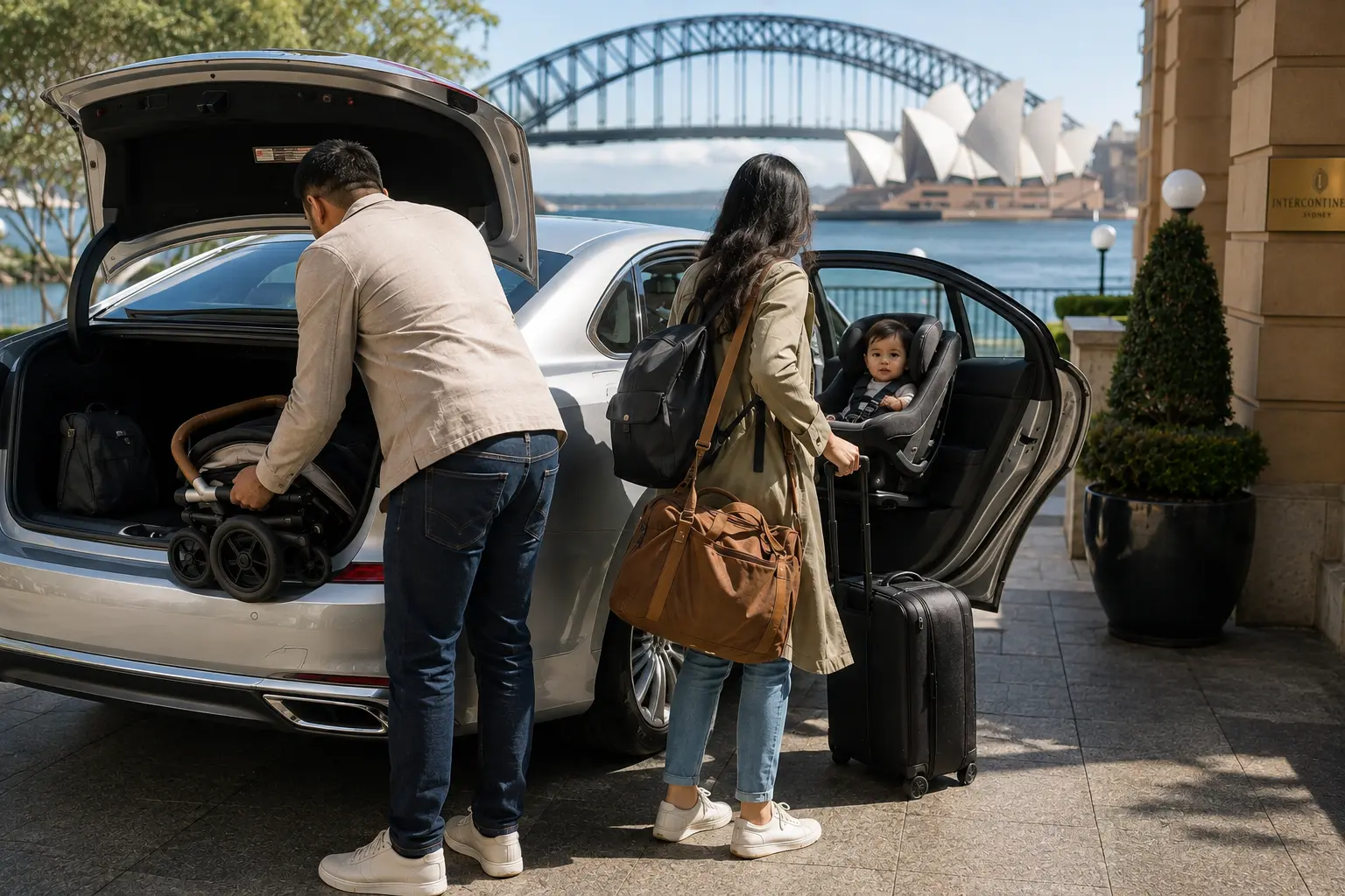 Family loading luggage into tourist baby seat taxi Sydney with Harbour Bridge view
